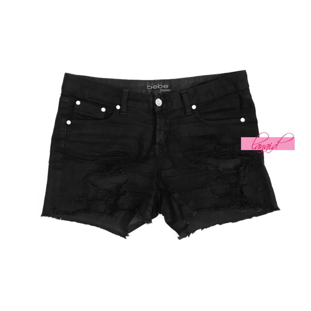 Bebe Carmen Slouchy Shorts Ebony Destroyed Ripped Edgy Jean Stretchy Denim 28